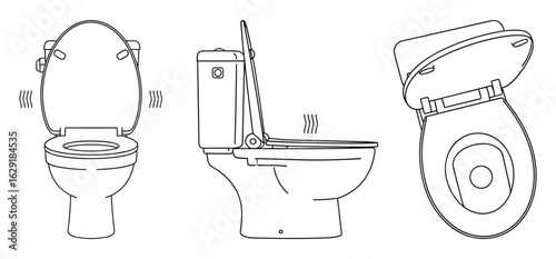 Detailed vector illustration of a ceramic toilet bowl in multiple viewing angles.