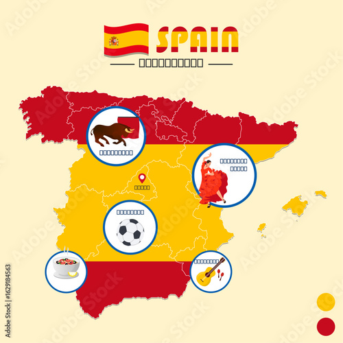 Spain map with famous landmarks – travel and tourism illustration