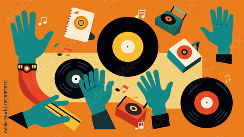 A compilation of different hand movements and techniques used to flip through records creating a visually stunning display of skill. Vector illustration