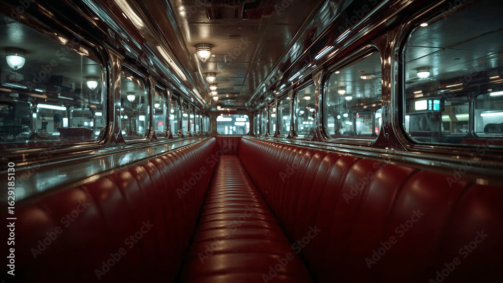 Fototapeta premium Train Interior Featuring Vintage Passenger Car Seating and Windows