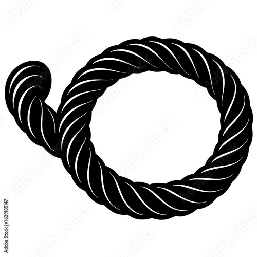 Thick black twisted rope forming a loop with a knot in the middle on a white background