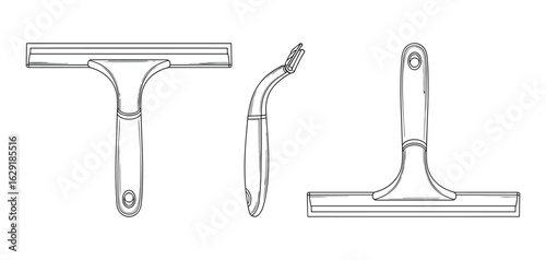 Detailed line drawing of a cleaning squeegee from three different angles, isolated on white.