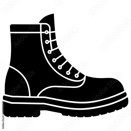 A black silhouette of a sturdy high top lace up work boot with a thick sole and reinforced toe