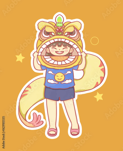 Child performing lion dance – watercolor style Vietnamese festival illustration