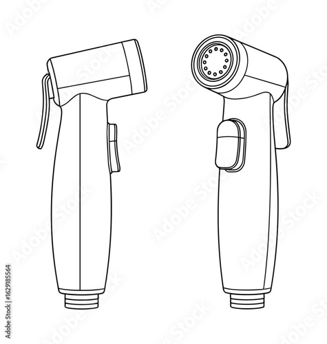 Detailed Technical Illustration: Modern Handheld Bidet Sprayers in Orthographic View