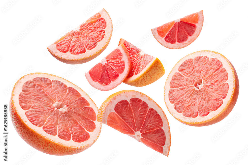 Juicy pink grapefruit slices and halves isolated on black background, ideal for healthy eating, juice, or citrus fruit themes.
Juicy pink grapefruit slices and halves isolated on black background, ideal for healthy eating, juice, or citrus fruit themes.
