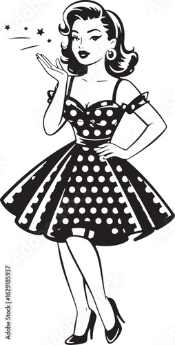 Retro Woman Talking with Hand Gesture in Polka Dot Dress
