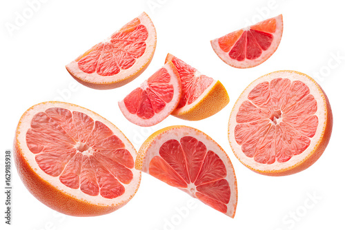 Juicy pink grapefruit slices and halves isolated on black background, ideal for healthy eating, juice, or citrus fruit themes.

