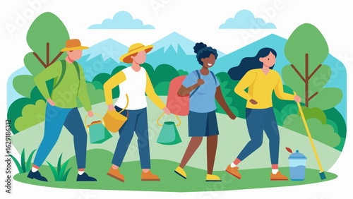 A group of friends going on a hike and picking up any litter they see along the way promoting responsible outdoor recreation..
