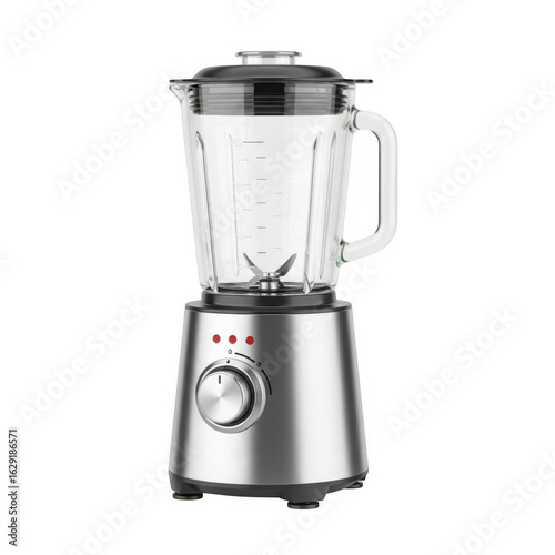 Modern kitchen blender with clear glass jar and metal base isolated on transparent background