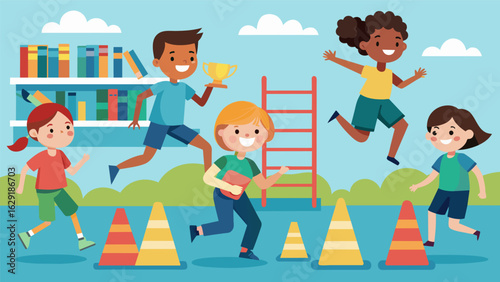 A group of children in the librarys summer reading program participate in a fun and energetic obstacle course set up by the librarians.. Vector illustration