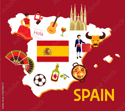 Spain map with famous landmarks – travel and tourism illustration