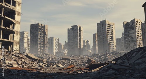 Ruined Cityscape with Collapsed Buildings and Debris Under Gray Sky