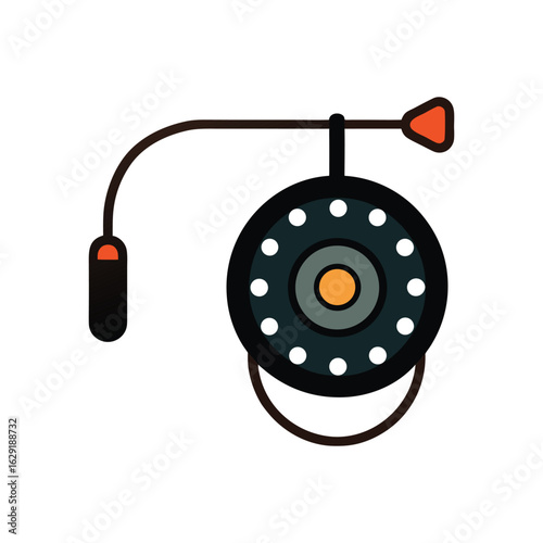 A stylized, flat illustration of a fishing reel with a dark gray body, white dots, and an orange center.