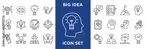 BIG IDEA icon collection set. Containing innovation,vision,concept,creativity,strategy,planning,goal,inspiration,solution,breakthrough icon. Simple line vector.