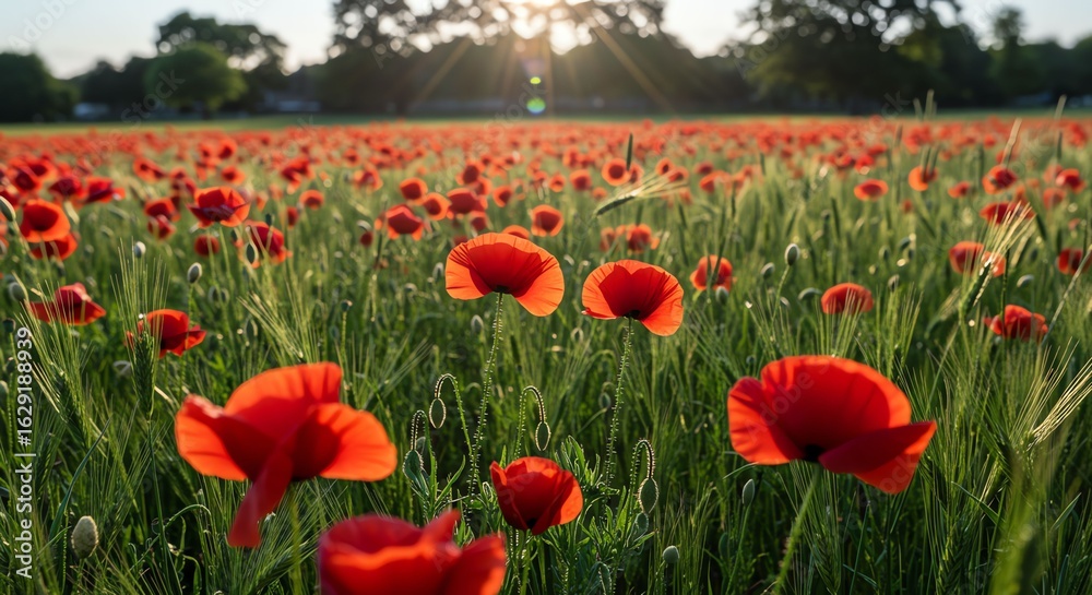 Fototapeta premium Vast Field of Bright Red Poppies Under Sunlit Sky in Natural Landscape