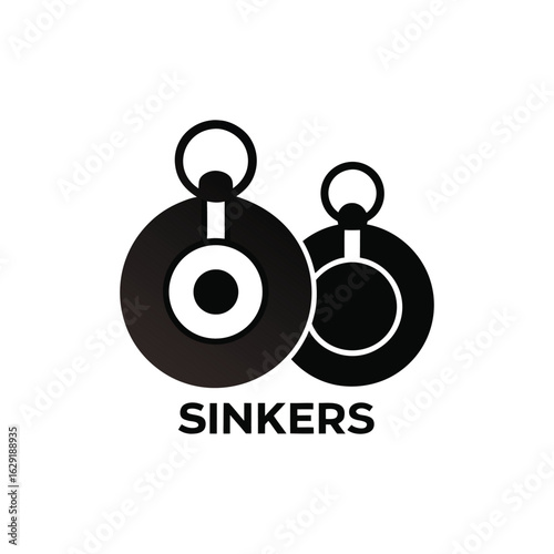 A minimalist graphic featuring two black circular sinkers with attached rings, accompanied by the word sinkers in bold text.