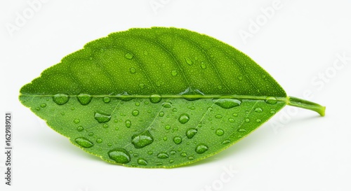 Vibrant Green Leaf with Water Droplets on White Background