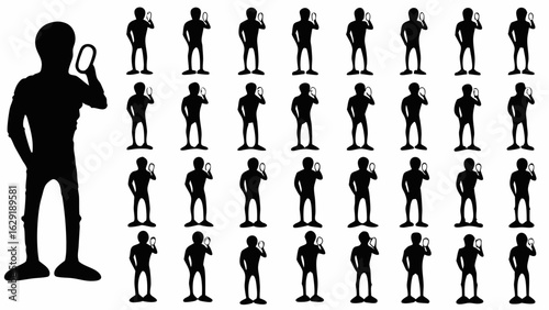 Silhouette illustrations of a person holding a phone to their ear in various poses and arrangements