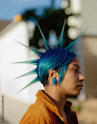 Portrait of a black woman with blue punk hair