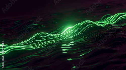 Abstract Wavy Pattern of Glowing Green Light on Dark Purple Background Futuristic and Dynamic