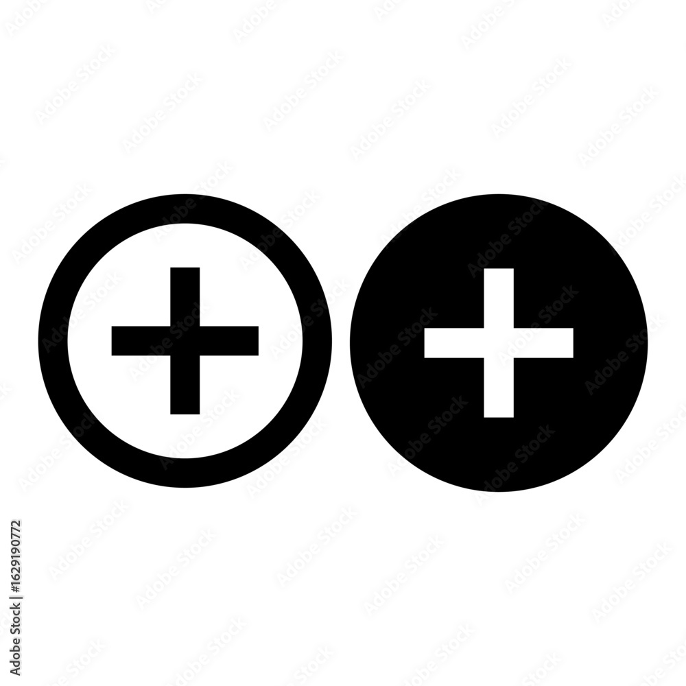 Fototapeta premium Two black and white plus symbols in circles, representing addition or selection.