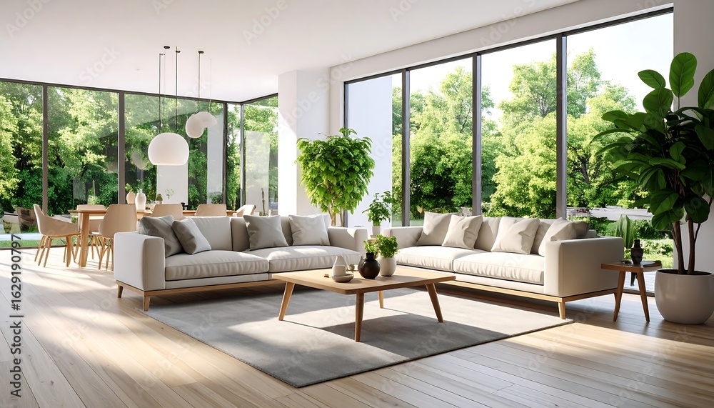 Fototapeta premium Bright, modern living room with outdoor view