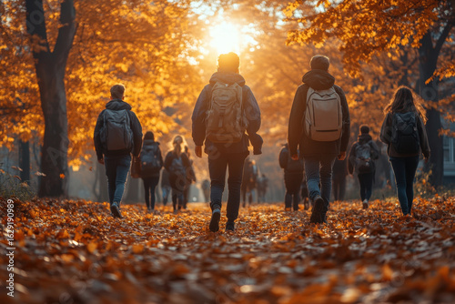Students walking in fall leaves.