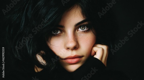 A young woman with dark, wavy hair gazes directly at the viewer, her captivating eyes reflecting inner thoughts. She cradles her face with her hands against a dark background.