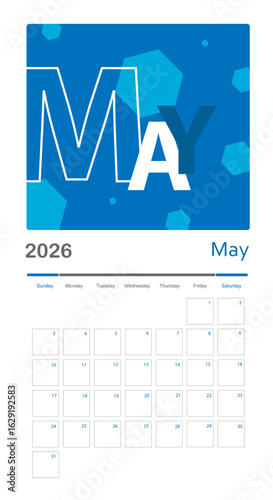 May 2026 Calendar. monthly calendar template.