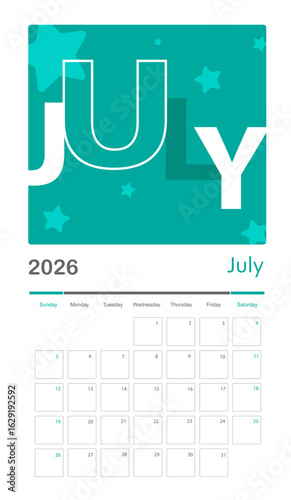 July 2026 Calendar. monthly calendar template.