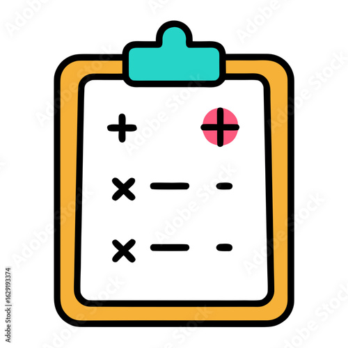 Simple flat icon of a clipboard with plus and minus symbols and a checkmark in a circle