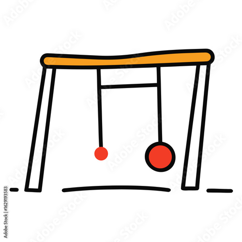 Simple illustration of a newton s cradle with two red balls suspended by strings from an orange frame