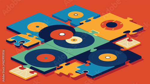 A collection of records tered across a rug as if they were pieces of a puzzle waiting to be sorted. Vector illustration