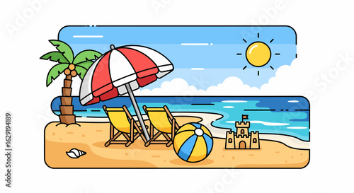 A vibrant illustration of a tropical beach scene with two empty lounge chairs under a striped umbrella, a colorful beach ball, a sandcastle, and a palm tree on a sunny day.
