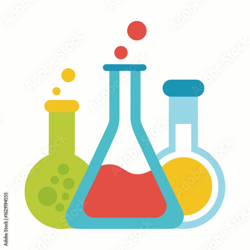 Colorful laboratory flasks with bubbling liquids and red spheres representing chemical reactions or experiments