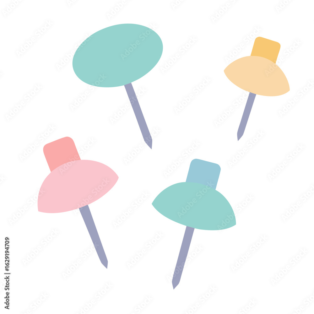 Four pastel colored push pins scattered on a white background in a flat design style Four pastel colored push pins scattered on a white background in a flat design style