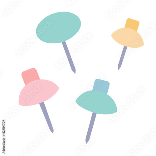 Four pastel colored push pins scattered on a white background in a flat design style
