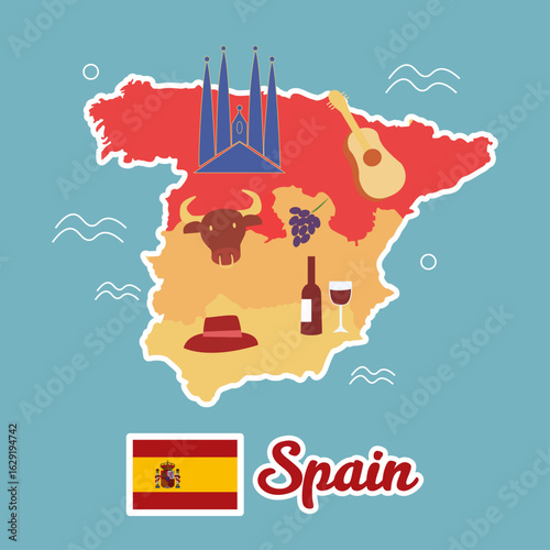 Colorful Spain Map with Famous Landmarks and Tourist Attractions