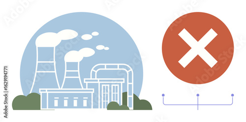 Industrial plant with smoke-emitting chimneys next to a red error symbol. Ideal for pollution, emissions control, environmental protection, industrial impact, climate change, no-go zones, compliance