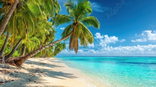 Bright sun illuminates a tranquil beach surrounded by lush green palm trees. The clear water sparkles with blue hues, inviting relaxation and enjoyment. White sand stretches along the shoreline.