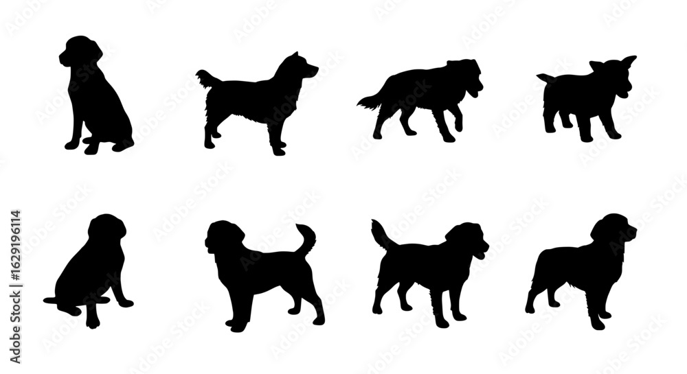Fototapeta premium Dog Silhouettes: A collection of various dog silhouettes gracefully illustrating a range of breeds and postures, ideal for design or educational purposes.