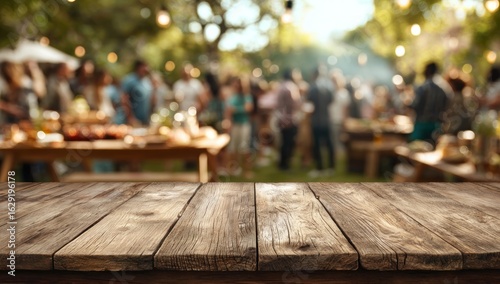 Empty Rustic Wood Table with a Festive, Bokeh-Lit Outdoor Garden Party