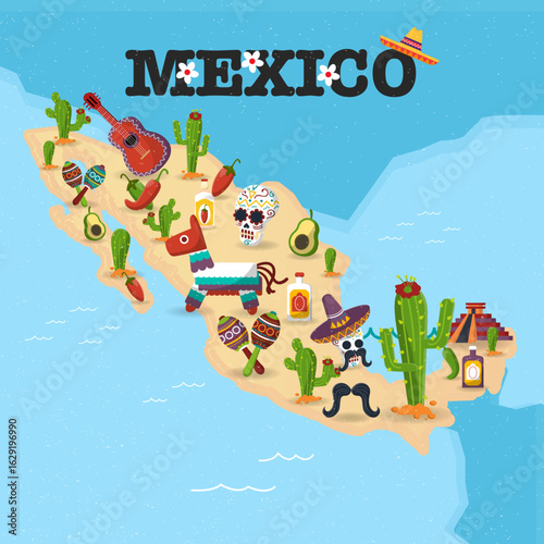 Colorful Mexico Map with Famous Landmarks and Tourist Attractions