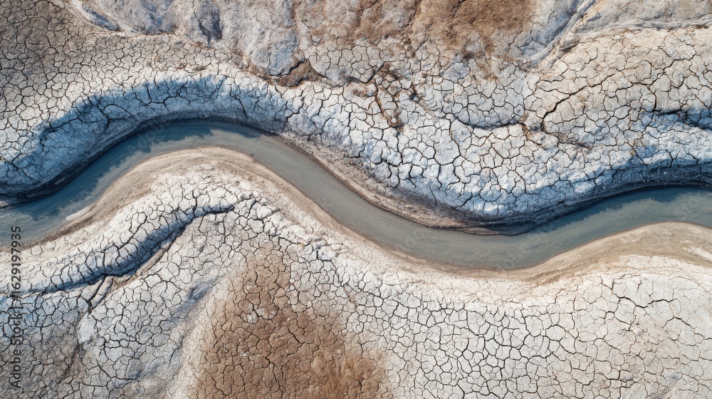 Obraz premium A winding, dried riverbed cuts through cracked earth, revealing patches of brown and gray soil. The bright sun emphasizes the harsh conditions during the dry season in this arid landscape.
