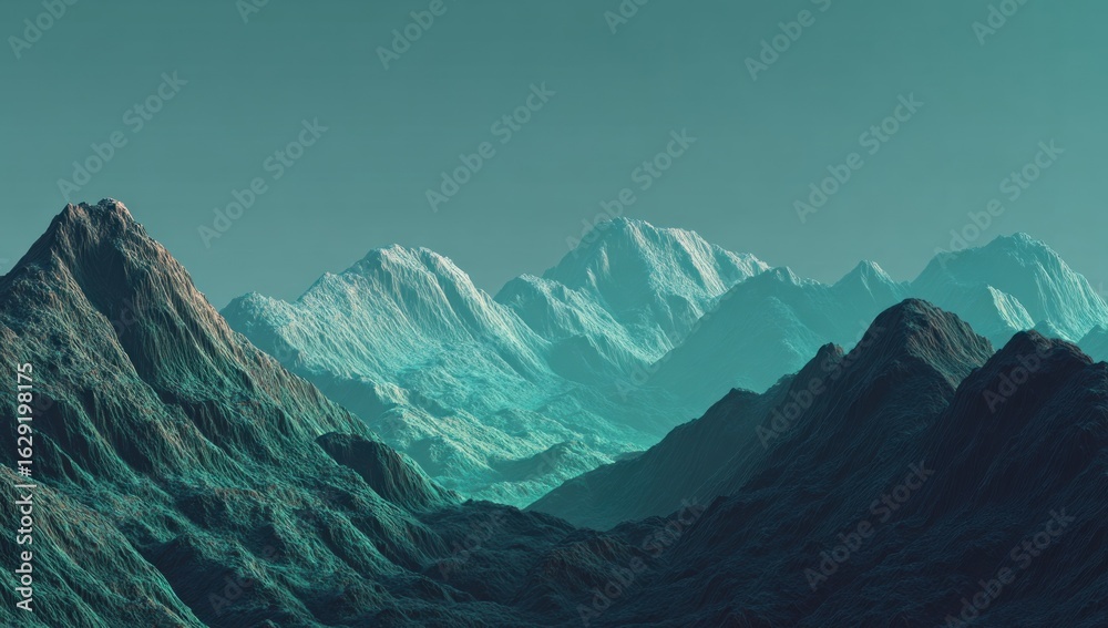 Fototapeta premium Ethereal Teal Mountain Range Under a Hazy Sky, Digital Art Landscape