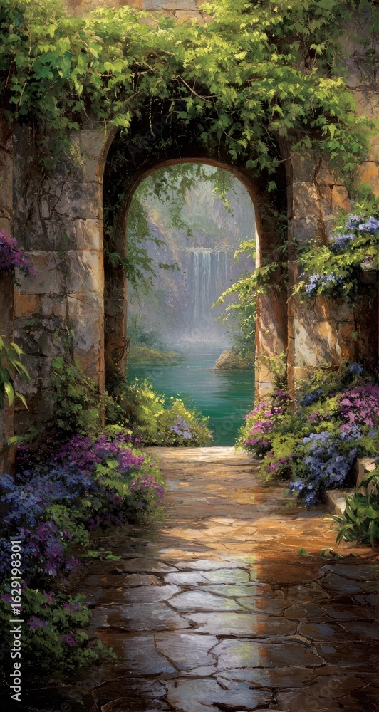Obraz premium A lush archway to a tranquil landscape