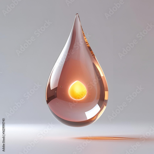 A floating transparent liquid drop in 3D, with glowing core, soft reflections, floating in empty white space, concept sci-fi object for design
