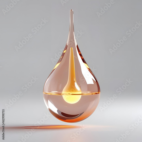 A floating transparent liquid drop in 3D, with glowing core, soft reflections, floating in empty white space, concept sci-fi object for design
