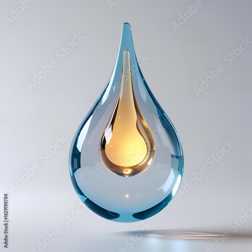 A floating transparent liquid drop in 3D, with glowing core, soft reflections, floating in empty white space, concept sci-fi object for design

